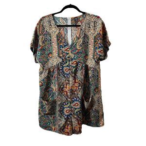 Emery Rose Multicolor Paisley Short Romper Jumper Womens Size L Boho Festival